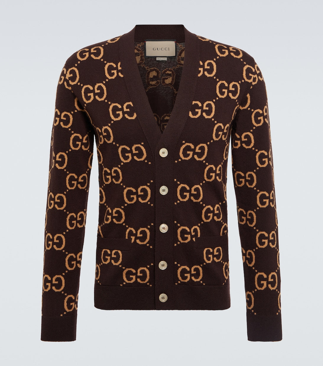 Wool jacquard cardigan with GG Gucci pattern, brown