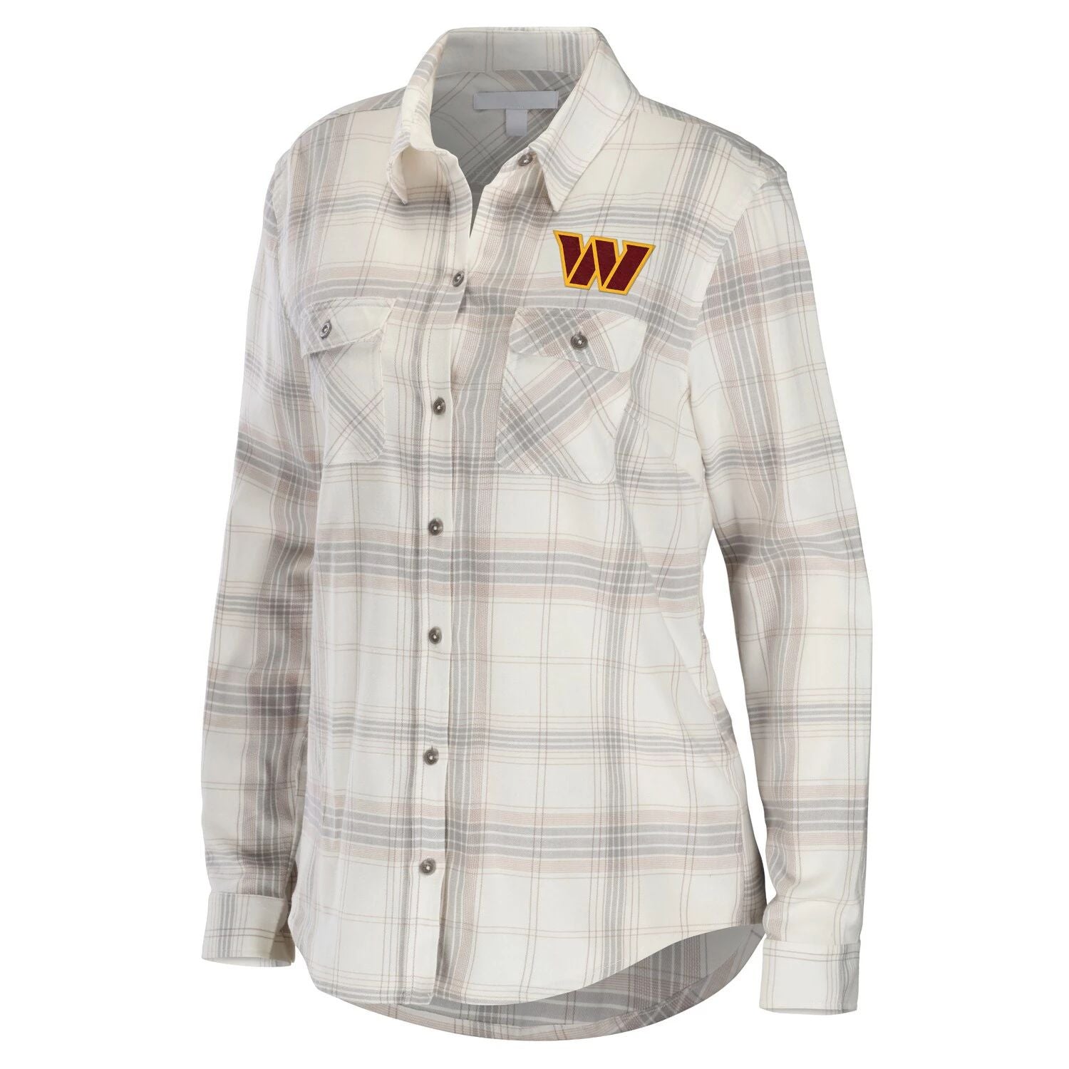 Women's WEAR by Erin Andrews Washington Commanders Cream and Gray Plaid Flannel Long Sleeve Button Down Shirt