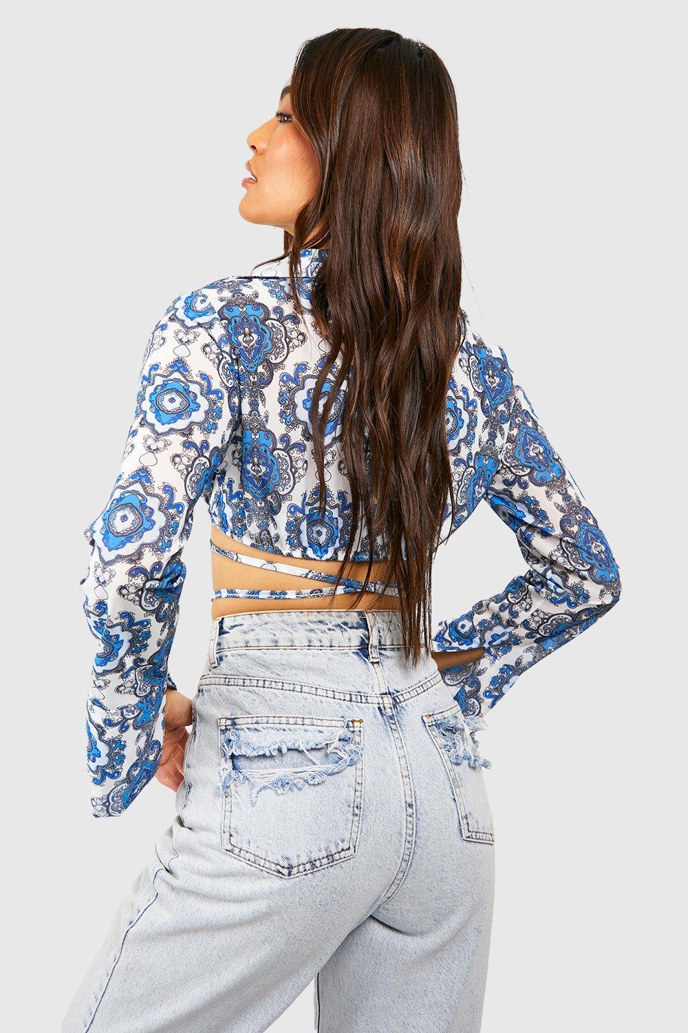 Boohoo Paisley Cropped Shirt, Blue