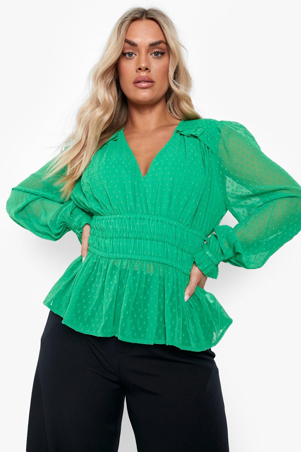 Plus dobby blouse with sleeves and puffs Boohoo, green