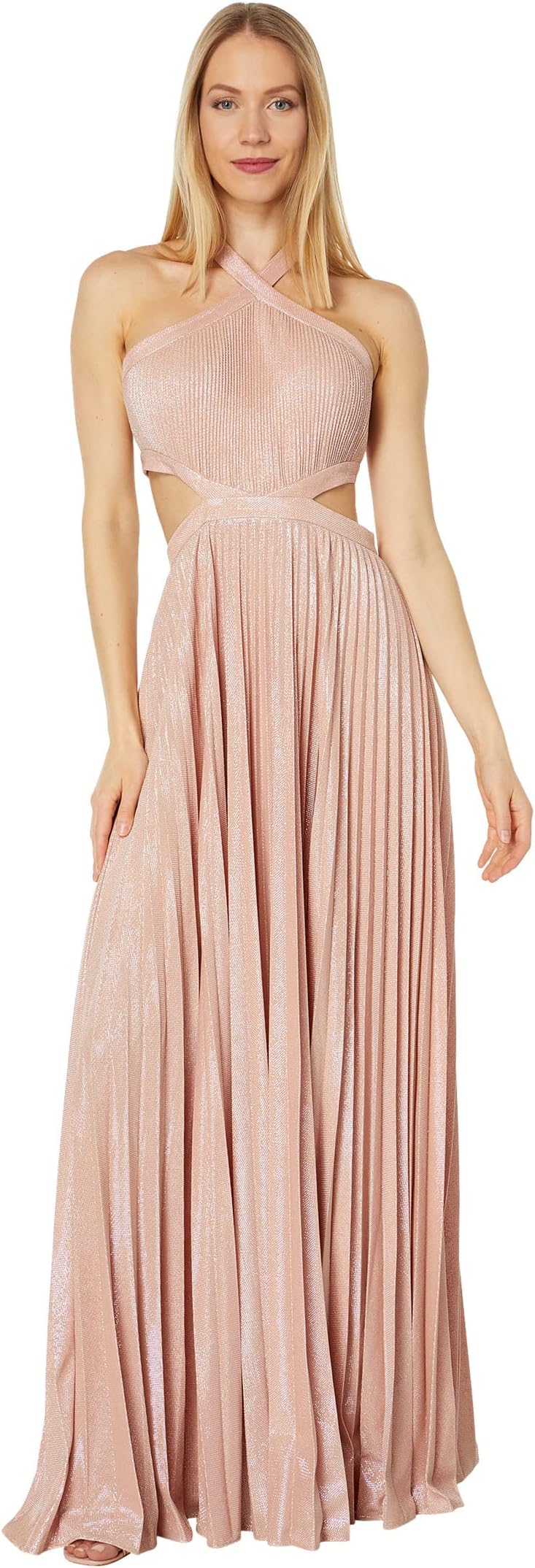 Pleated Crossover Metallic Evening Dress BCBGMAXAZRIA , color Bare Pink