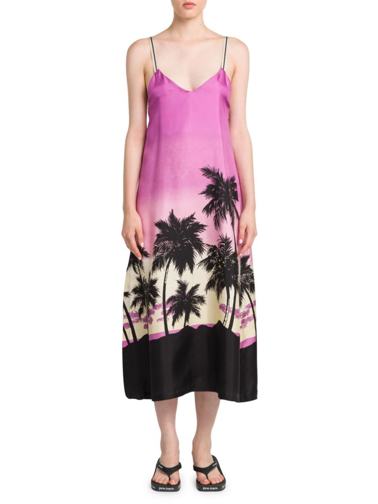 Sunset Palm Angels Satin Midi Slip Dress in Purple Multi