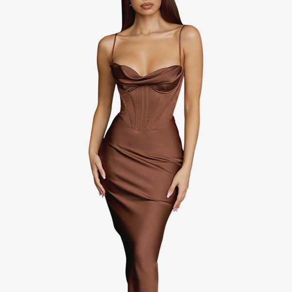 Satin maxi dress with corset Charmaine House Of Cb, color chocolate