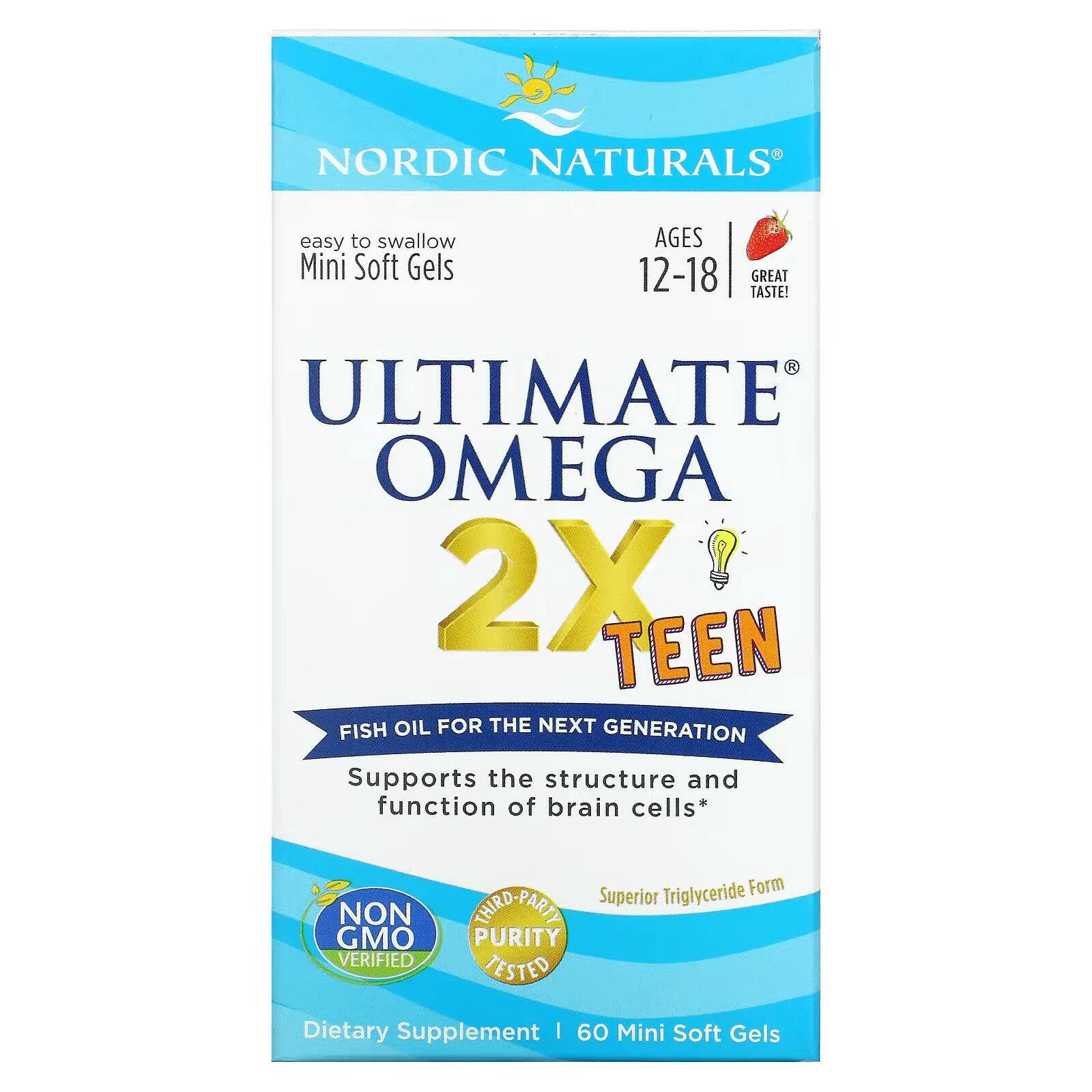 Nordic Naturals, Ultimate Omega 2X Teen، للمراهقين من سن 12 إلى 18 عامًا، بنكهة الفراولة، 60 كبسولة صغيرة