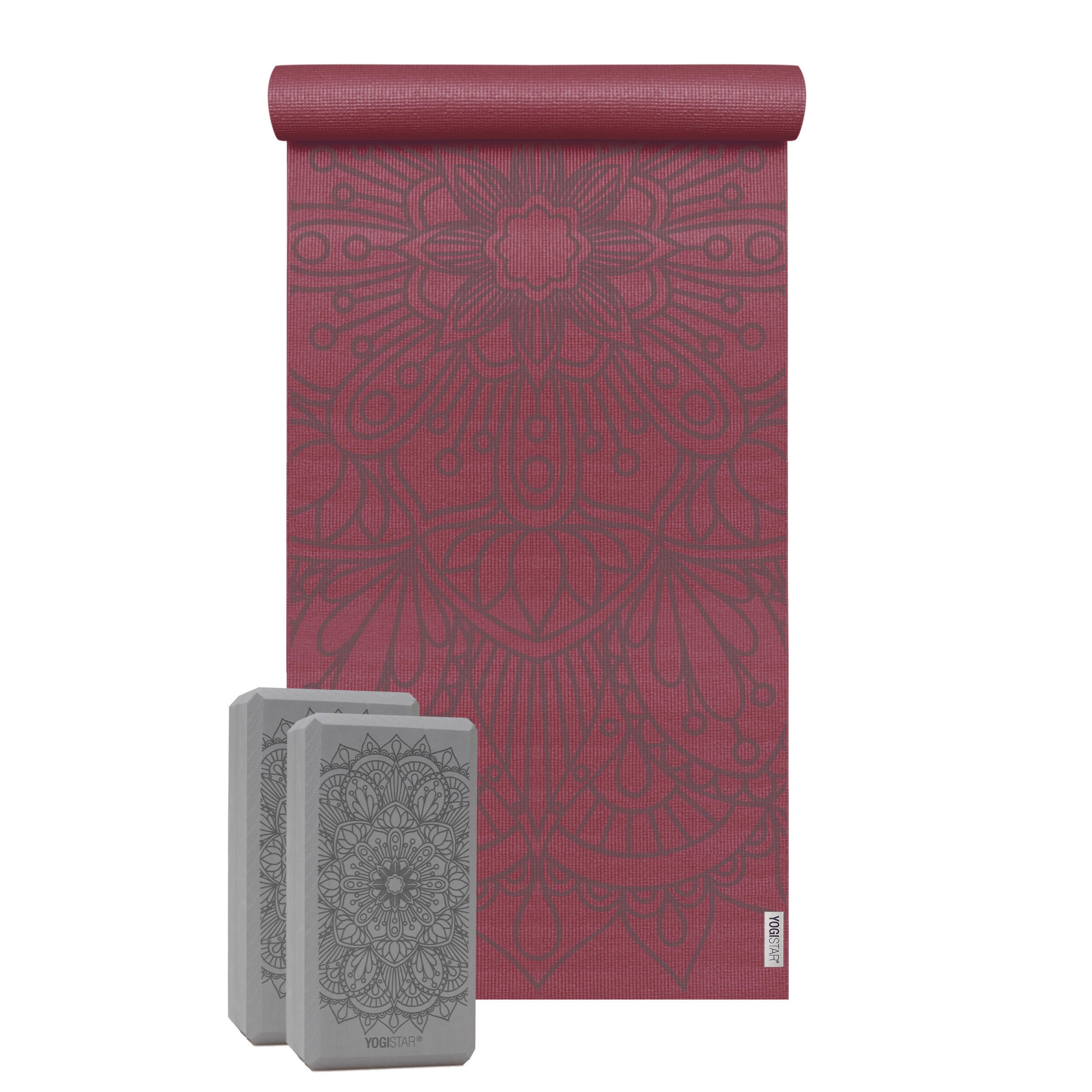 YOGISTAR Yoga Set Starter Edition - lotus mandala (yoga mat + 2 yoga blocks), Bordeaux