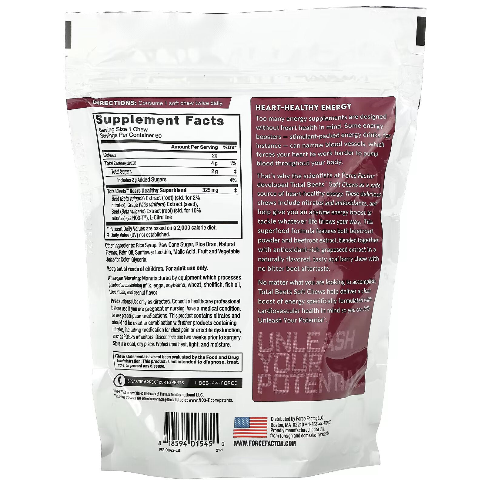 Force Factor, Total Beets, Healthy Source of Energy and Antioxidants, Beetroot and Acai Berry 325 mg, 60 chewable tablets