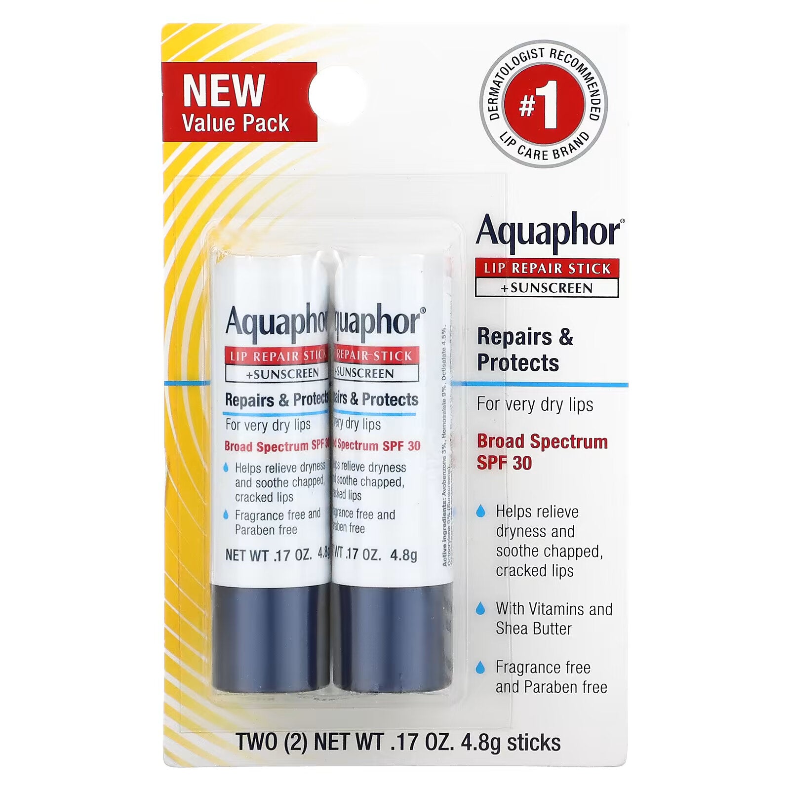 Aquaphor, Revitalizing Lip Stick + Sunscreen, SPF 30, Fragrance Free, Double Pack, 2 Sticks, 0.17 oz (4.8 g)