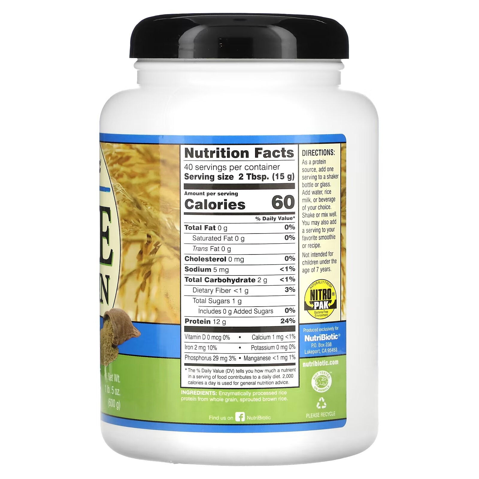 NutriBiotic, Raw Plain Rice Protein, 1 lb 5 oz (600 g)