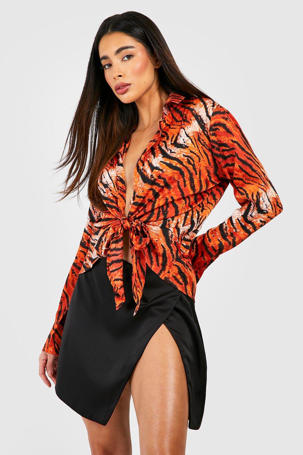 Boohoo Tie Front Tiger Print Shirt, Orange