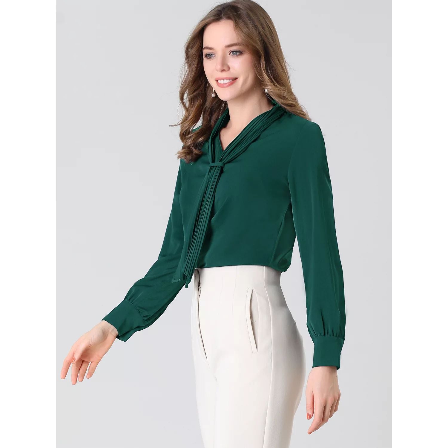 Women's blouses with long sleeves chiffon pleated office shirt with tie at the neck ALLEGRA K