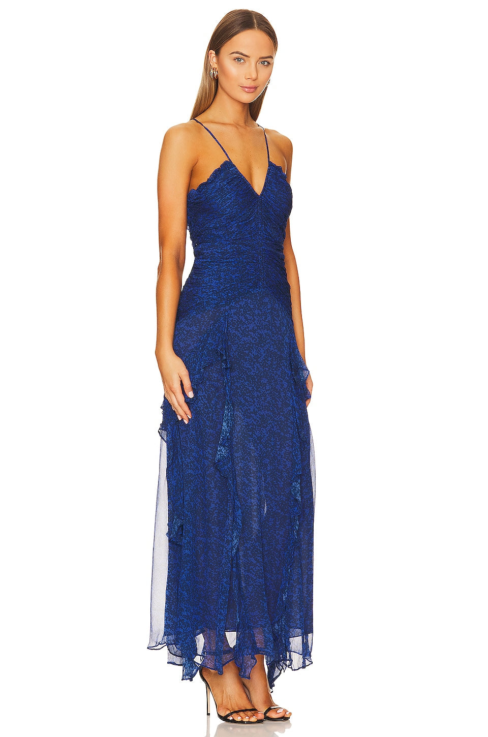 Shona Joy Saldanha Ruched Frill Maxi Dress in Strong Blue & Deep Blue