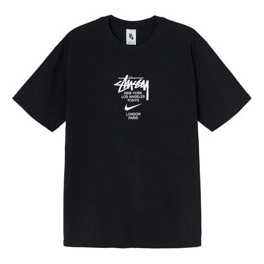 تي شيرت Stussy x Nike Crossover Chest Logo بأكمام قصيرة للجنسين، أسود، أسود