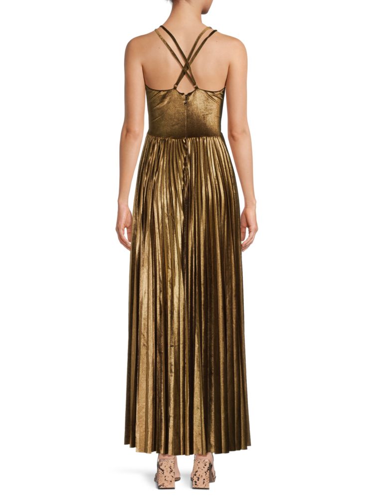 Patbo accordion pleated velvet maxi dress, gold