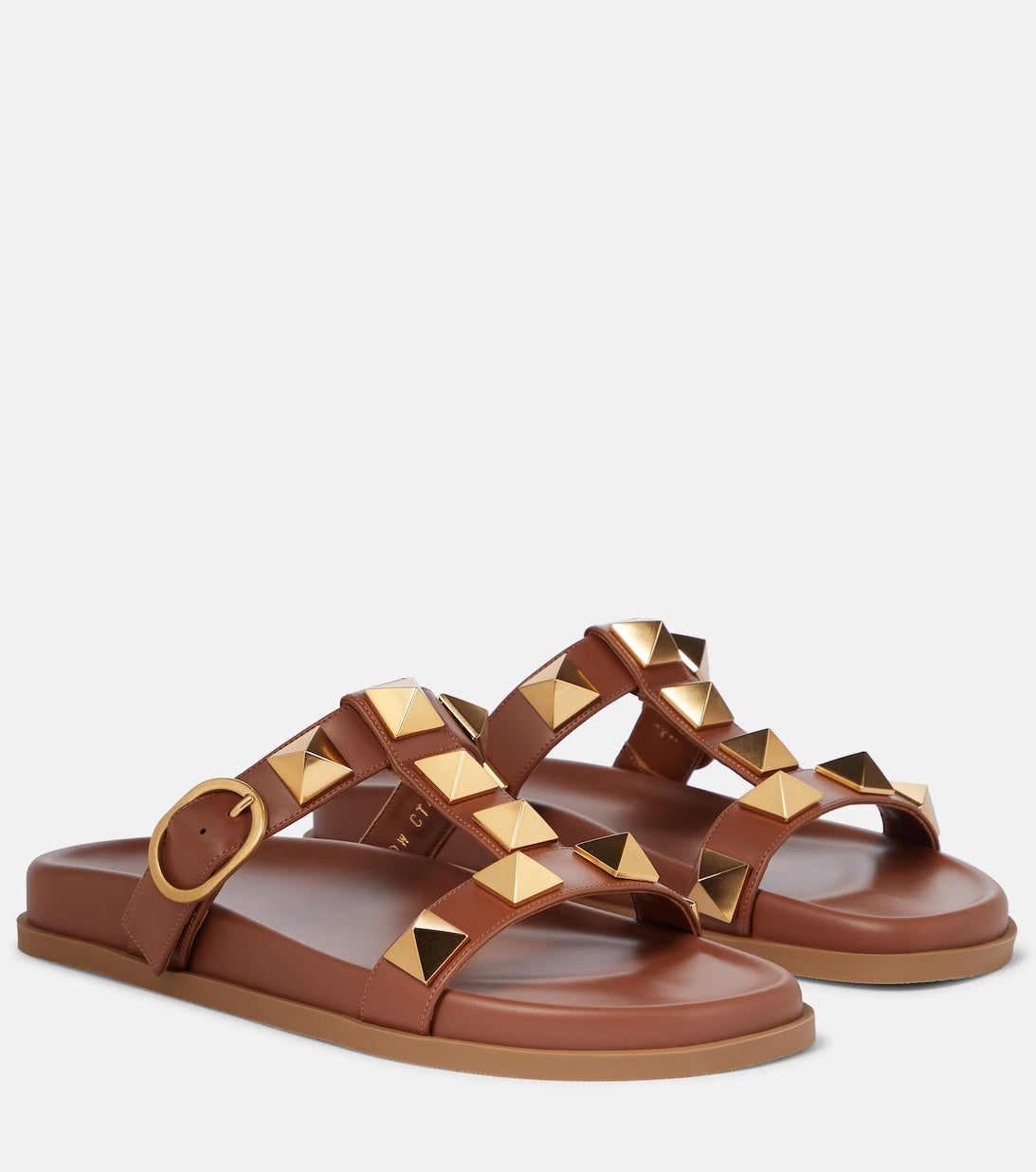 Roman Stud Valentino Garavani leather slides, brown