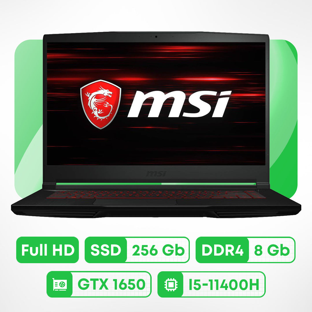 كمبيوتر محمول للألعاب MSI GF63 Thin 11SC، مقاس 15.6 بوصة، 8 جيجابايت/256 جيجابايت، معالج i5-11400H، GTX 1650، لوحة مفاتيح إنجليزية سوداء