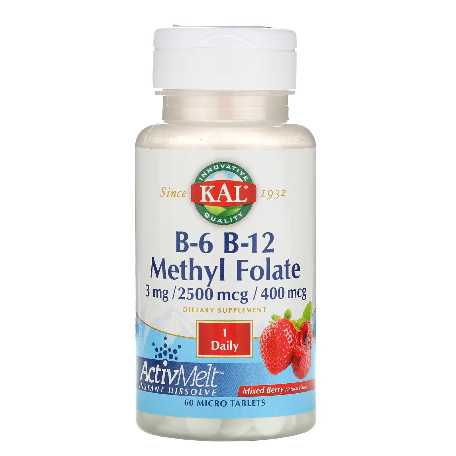 KAL, vitamins B6, B12 and methylfolate, mixed berries, 3 mg / 2500 mcg / 400 mcg, 60 microtablets