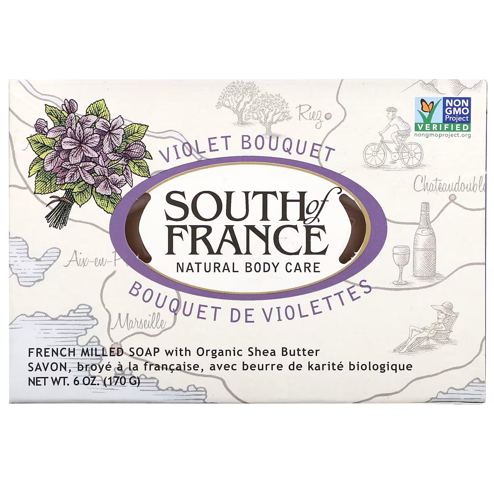 South of France, French milled bar soap with organic shea butter with the scent of a bouquet of violets, 170 g (6 oz.)