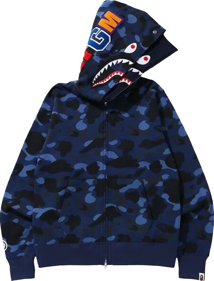 بلوزة بغطاء رأس مزدوج بسحّاب كامل وطبعة سمكة قرش من BAPE Color Camo باللون الأزرق الداكن