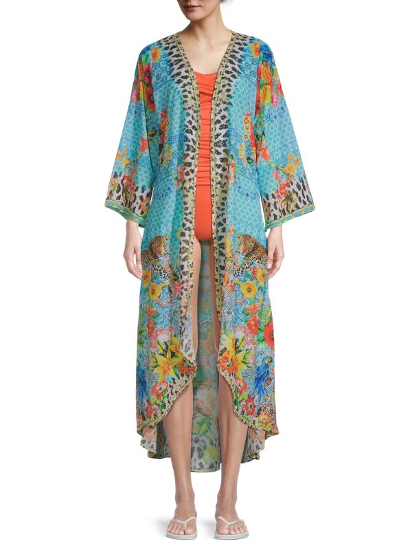 Ranee's Blue Mixed Print Kimono Cape