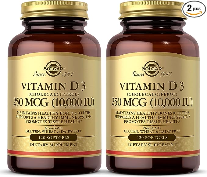 SOLGAR Vitamin D3 (cholecalciferol) 250 mcg (10,000 IU), 120 softgels - 2 packs 120 capsules