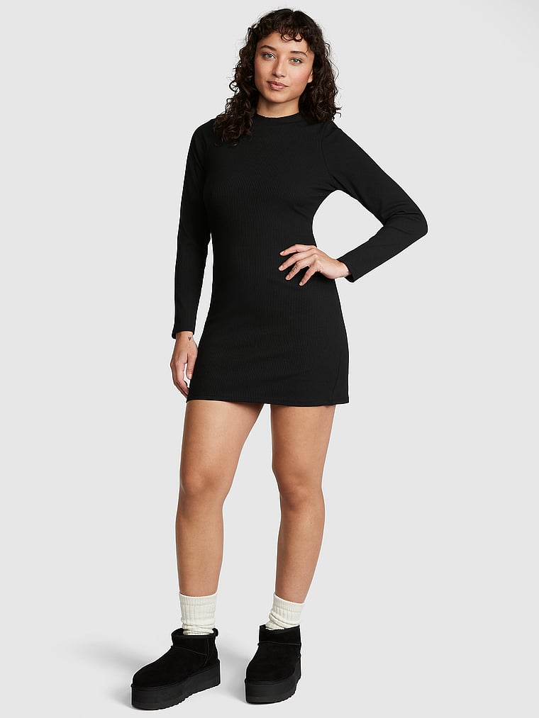 Victoria's Secret Pink Stretch Cotton Long-sleeve Mock-neck Dress, Black