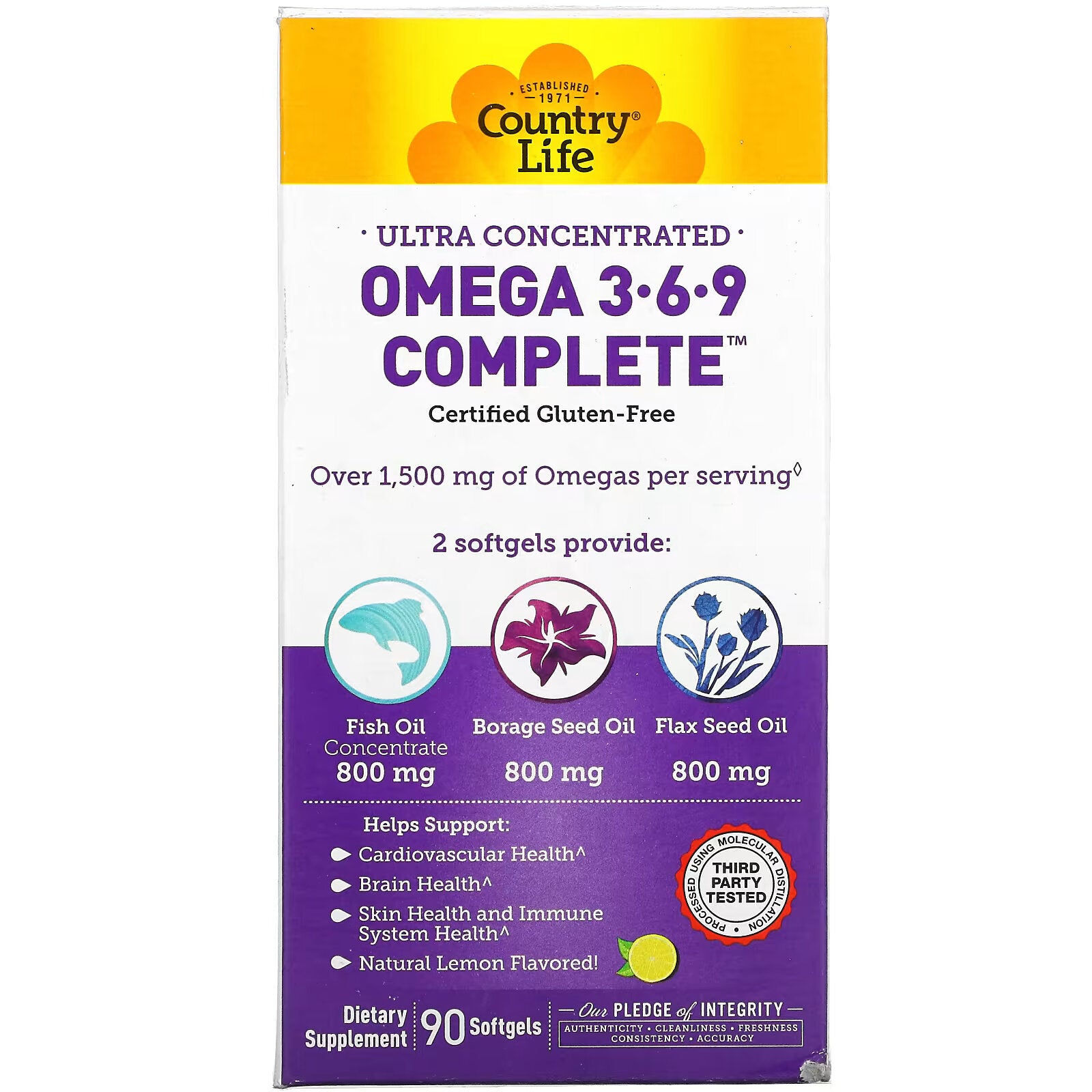 Country Life, Ultra Concentrated Complete Omega 3-6-9 Complex with natural lemon flavor, 90 capsules