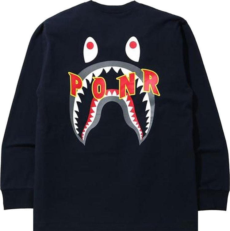 تي شيرت BAPE Shark PONR بأكمام طويلة "Navy"، باللون الأزرق