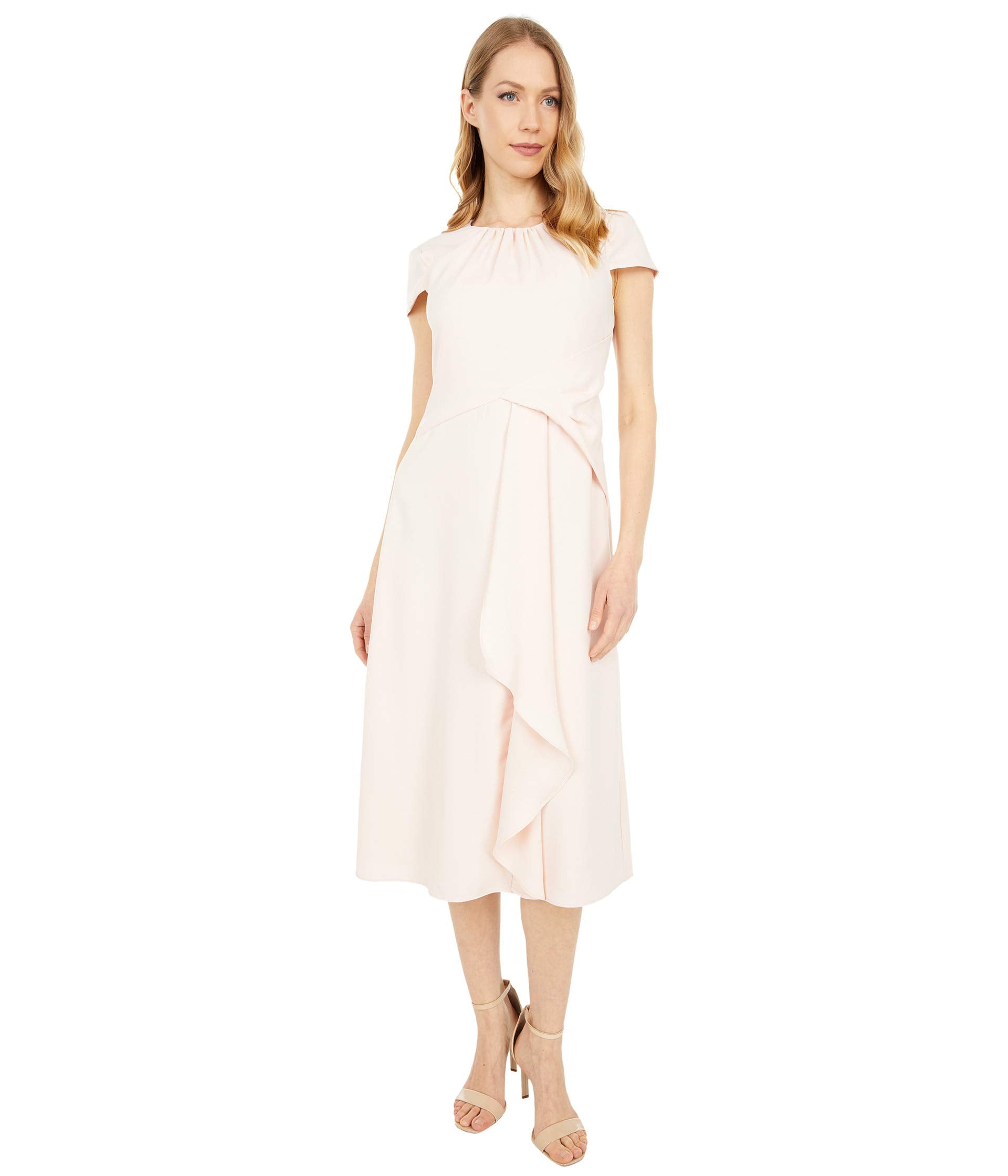 Vince Camuto Dress, Crepe Back Satin Cap Sleeve Shirring Neck Ruffle Midi