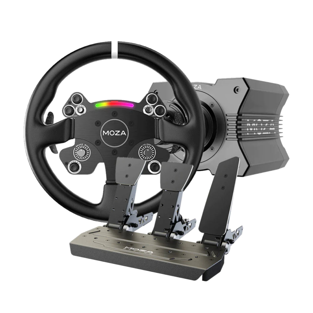 Moza R9 steering wheel, R9 steering wheel base + CS V2P steering wheel + 3 SR-P pedals, black