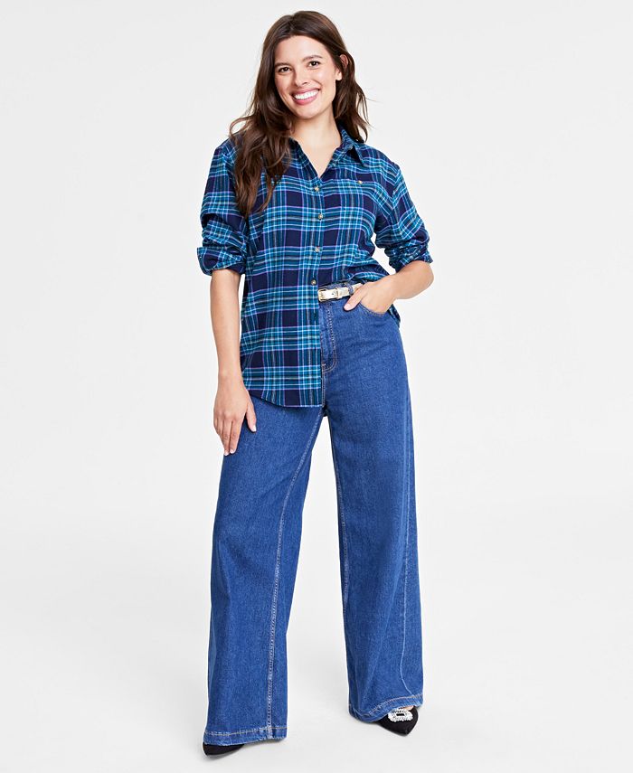 On 34th Women's Cotton Flannel Plaid Tunic Shirt, Blue