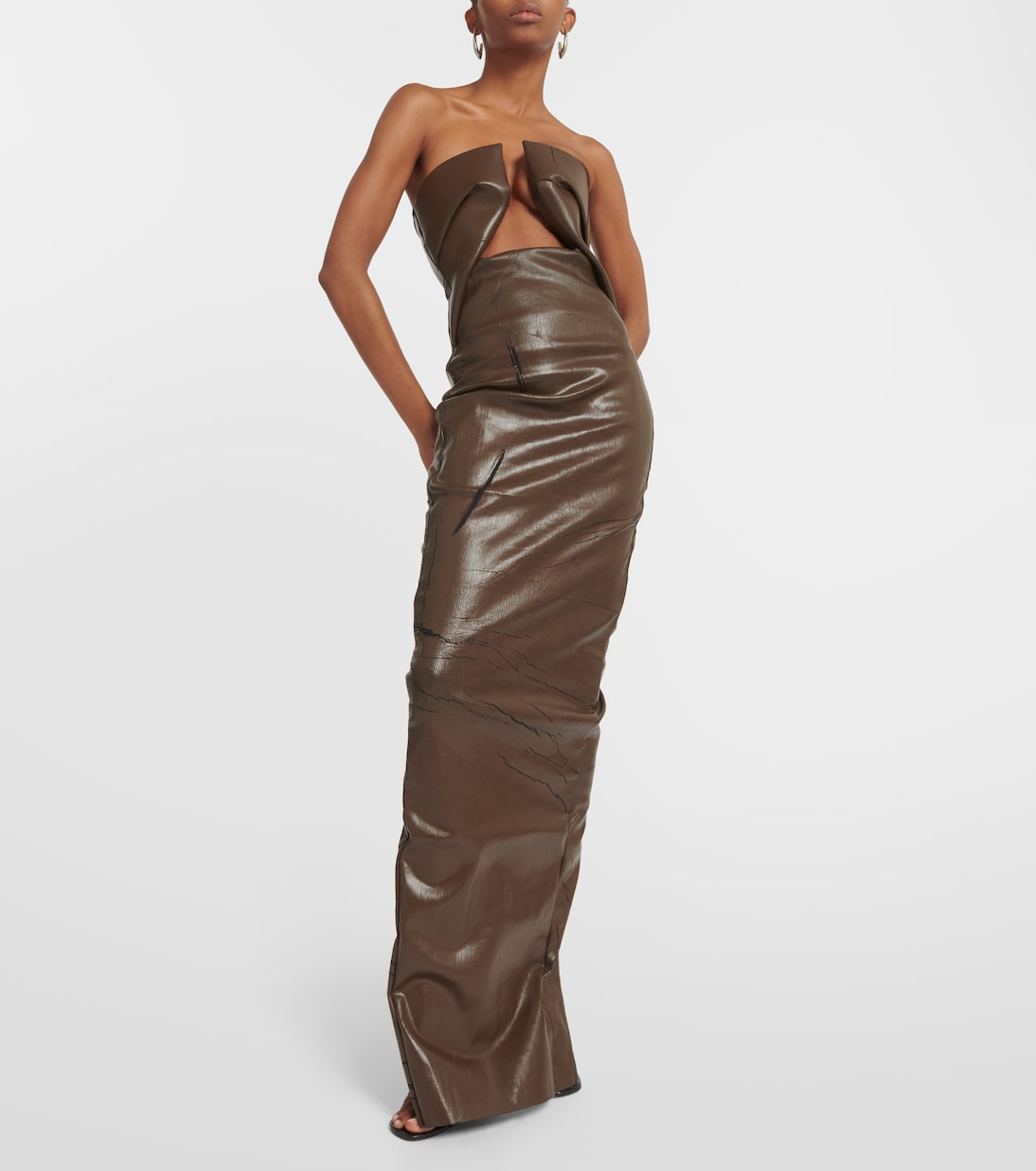 Rick Owens Coated Strapless Denim Dress, Brown