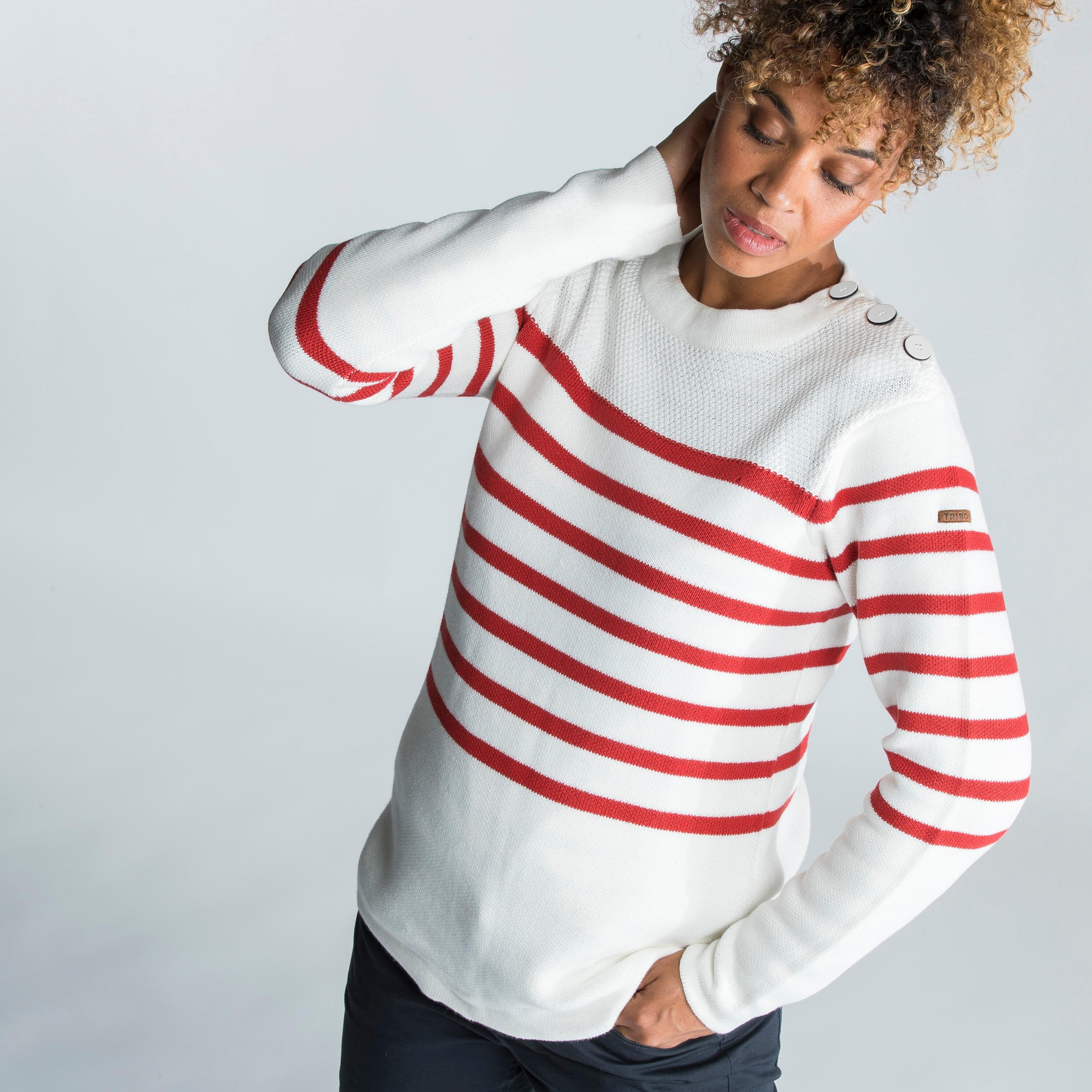 Women's sailing sweater in white and red stripes TRIBORD eggshell/brick red