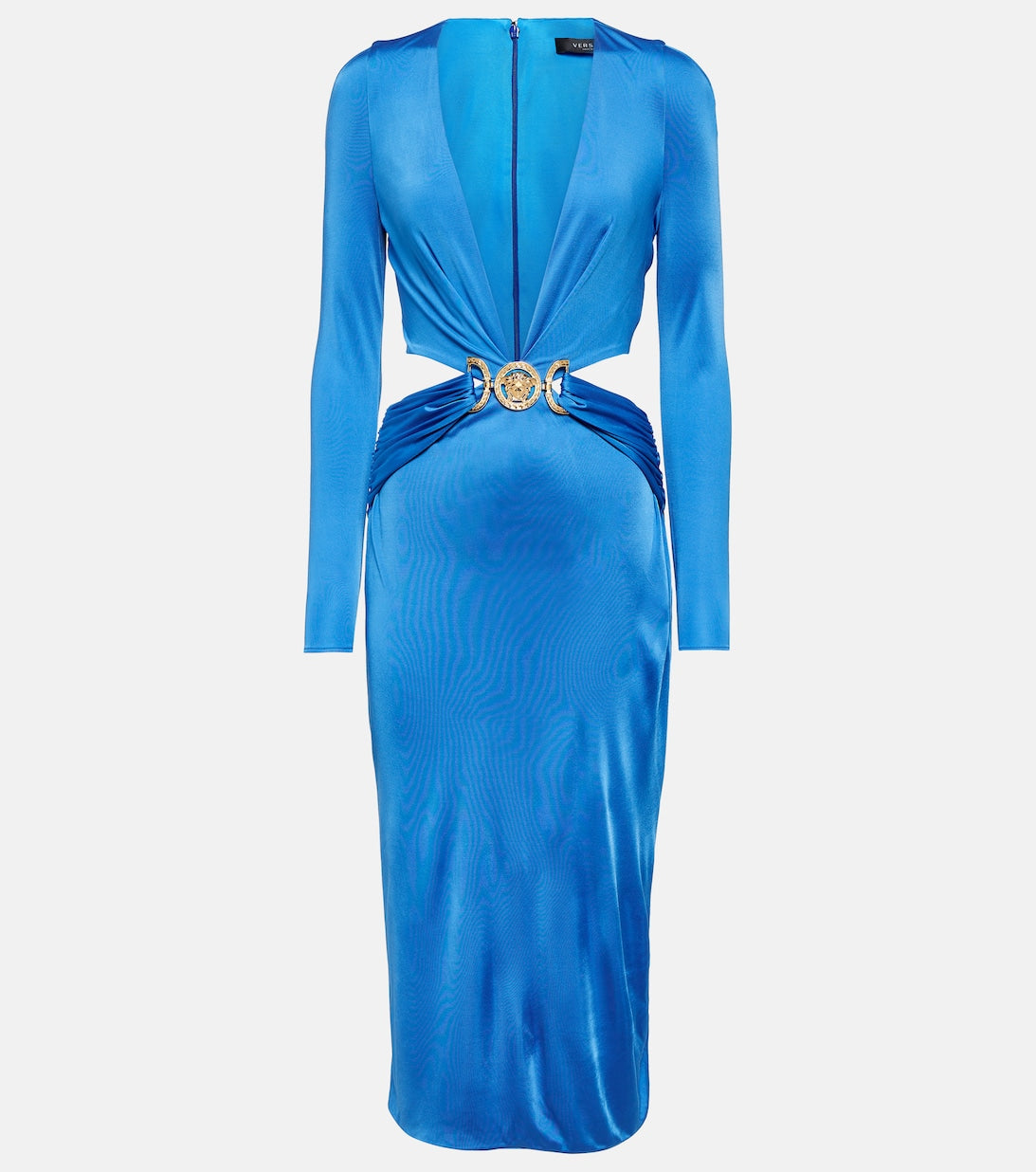 VERSACE Cutout Medusa Biggie Satin Midi Dress, Blue