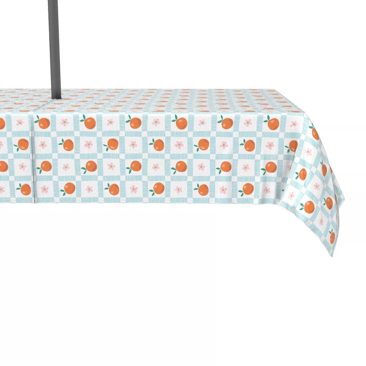 Water repellent, outdoor, 100% polyester, 60x84 inches summer orange plaid with floral print.