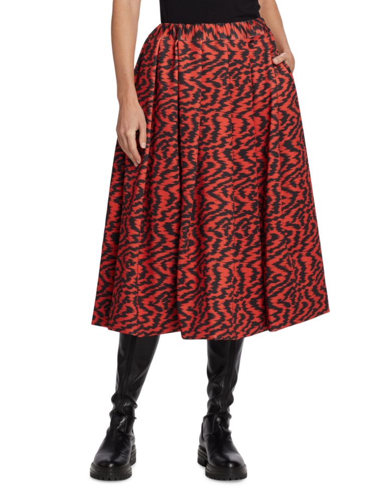 Comme Des Garçons Print Pleated Midi Skirt in Red Black