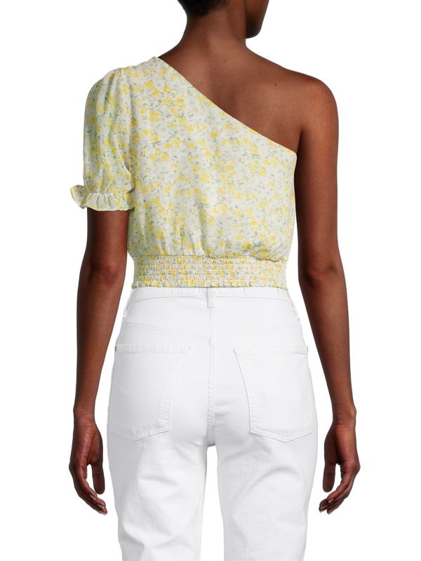 Lush One Shoulder Floral Ruffle Crop Top, Yellow