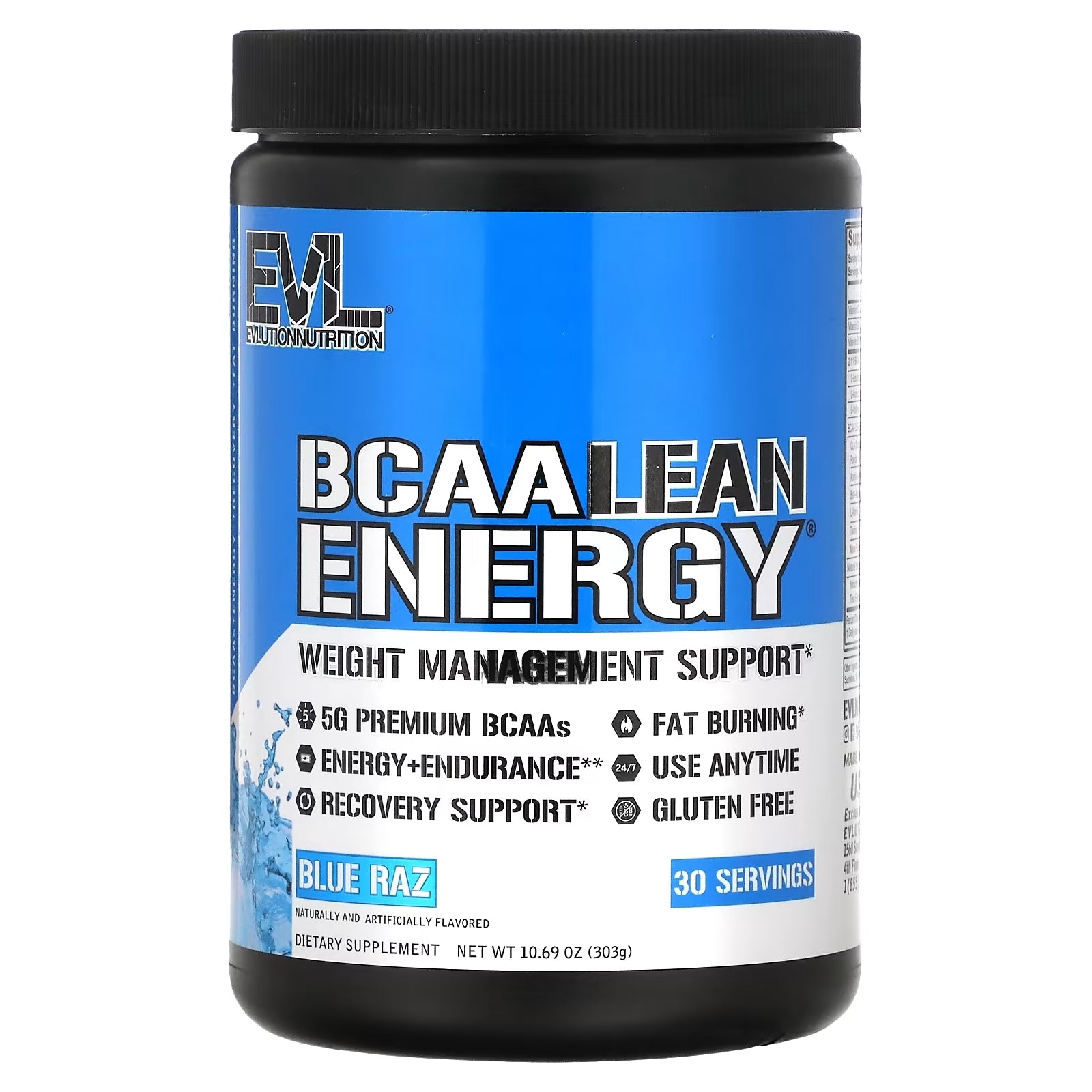 EVLution Nutrition BCAA Lean Energy dietary supplement with blue raspberry flavor