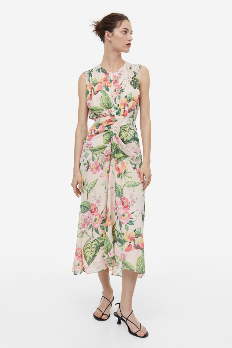 H&M patterned chiffon dress, light beige/floral