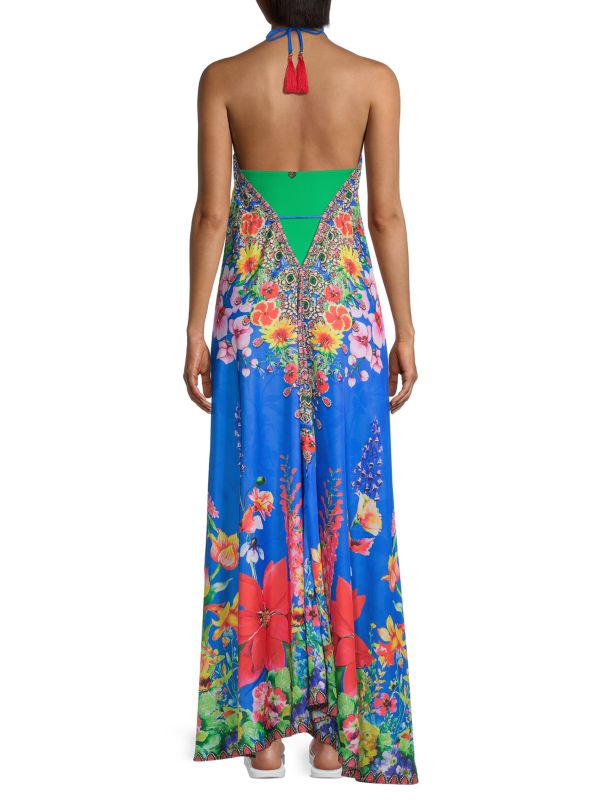 Ranee's Floral Halter Maxi Dress, Light Blue