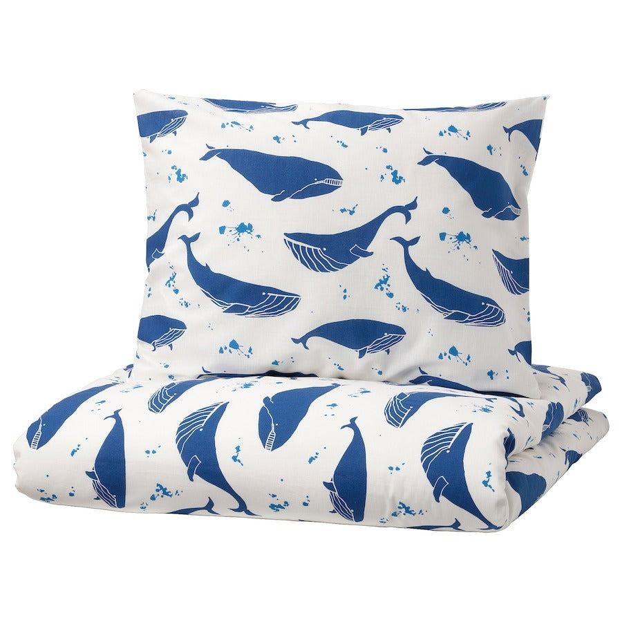 Bed linen Ikea Blavingad Duvet Cover And Pillowcase Whale Pattern, 150x200/50x60 cm, blue/white