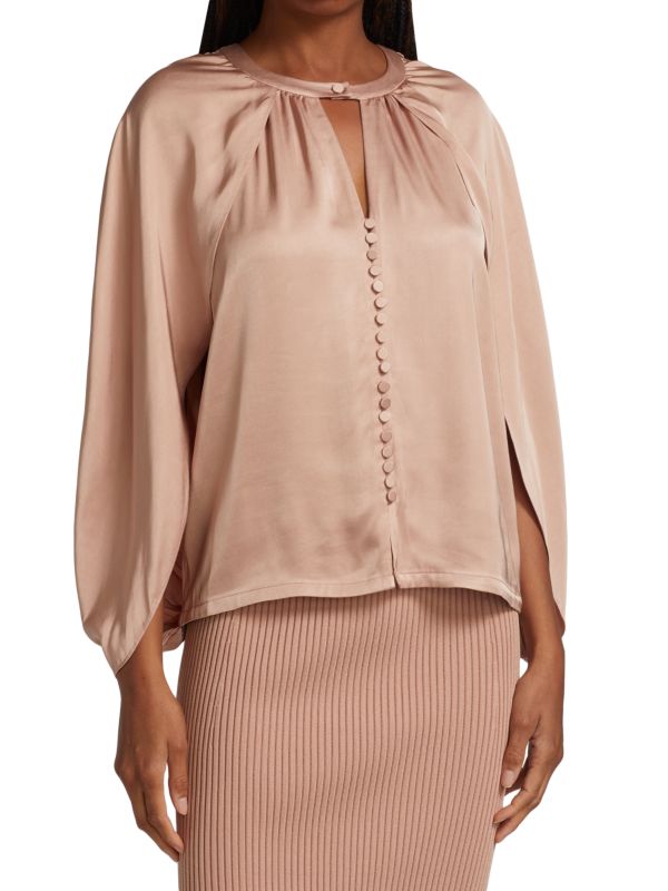 Jonathan Simkhai Satin Crew Neck Audrey Fluid Cape Top, Beige