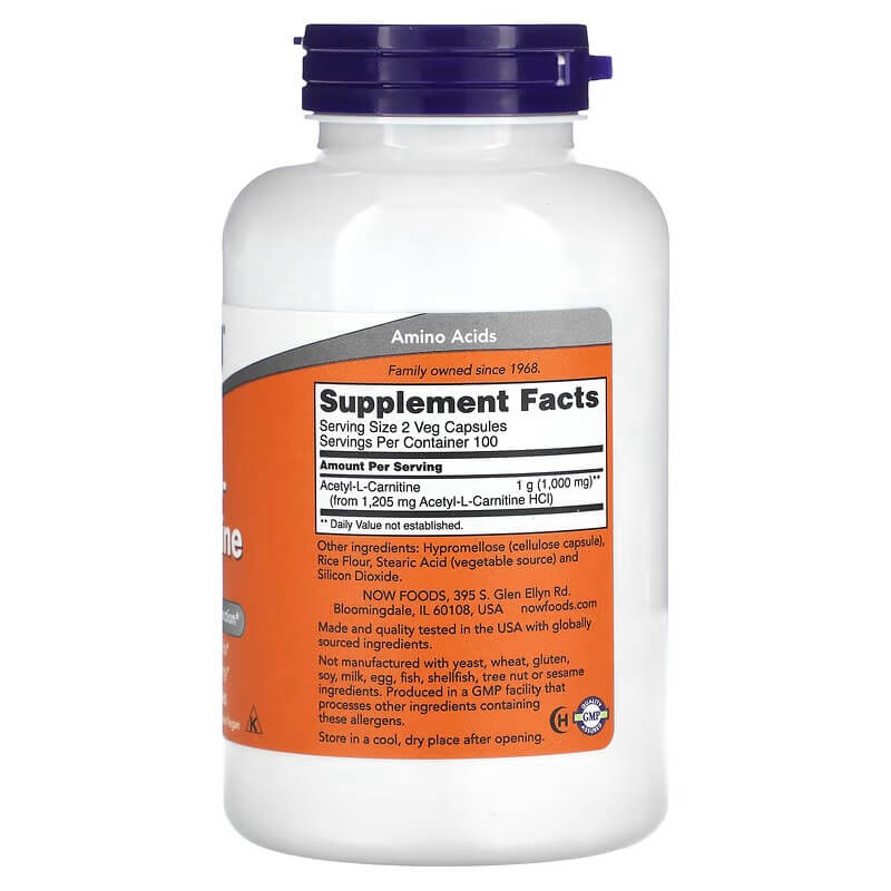 NOW Foods Acetyl-L-Carnitine 500 mg، 200 كبسولة نباتية