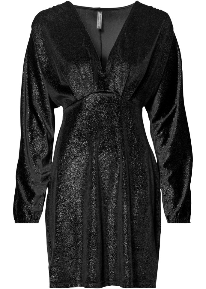 Rainbow Deep V Neck Shiny Velvet Dress, Black