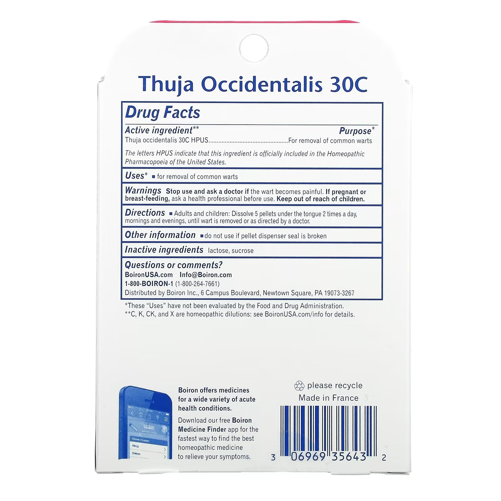 Wart Removal Product Boiron Thuja Occidentalis 30C, 80 granules in each tube