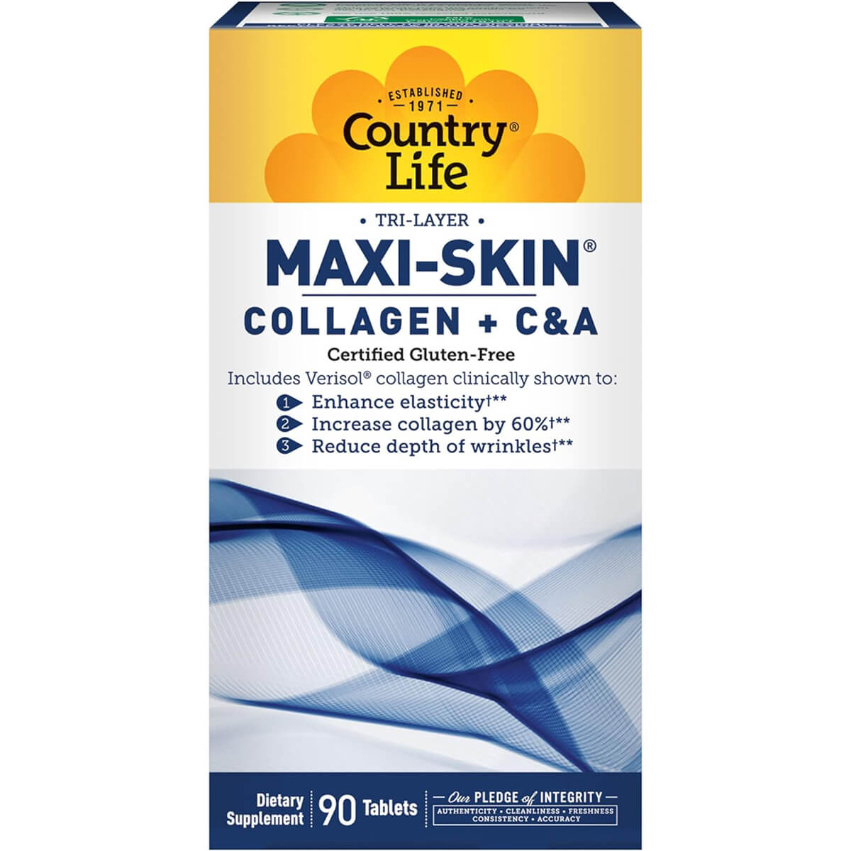 مركب الكولاجين مع فيتامينات C و A من Country Life Maxi-Skin، 90 قرصًا