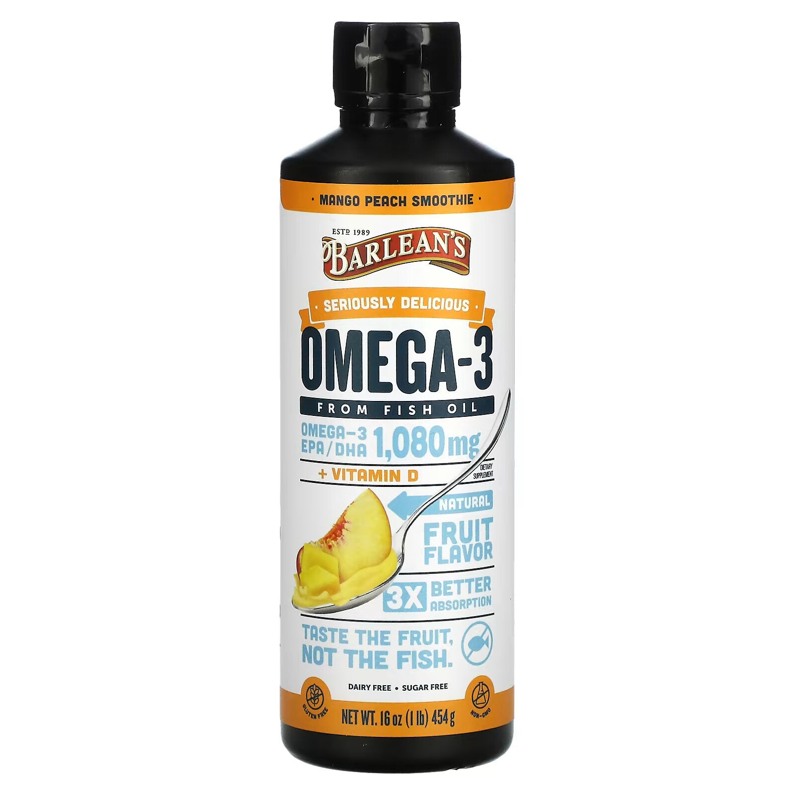 Barlean's Seriously Delicious Mango Peach Omega-3 Fish Oil 1080 mg, 454 g