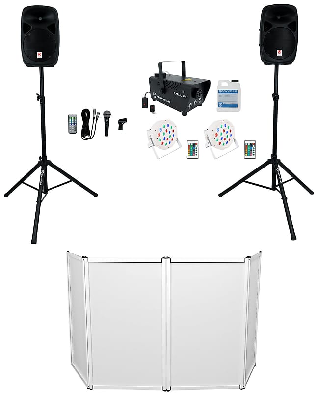 DJ Kit Rockville RPG102K with 10" Speakers + Mic + Stands + Front + Overhead Light + LED Fog RPG102K+RFAAW DJ PACK 3