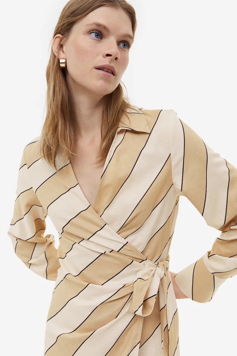 H&M Linen Blend Wrap Dress, Beige/Diagonal Stripes