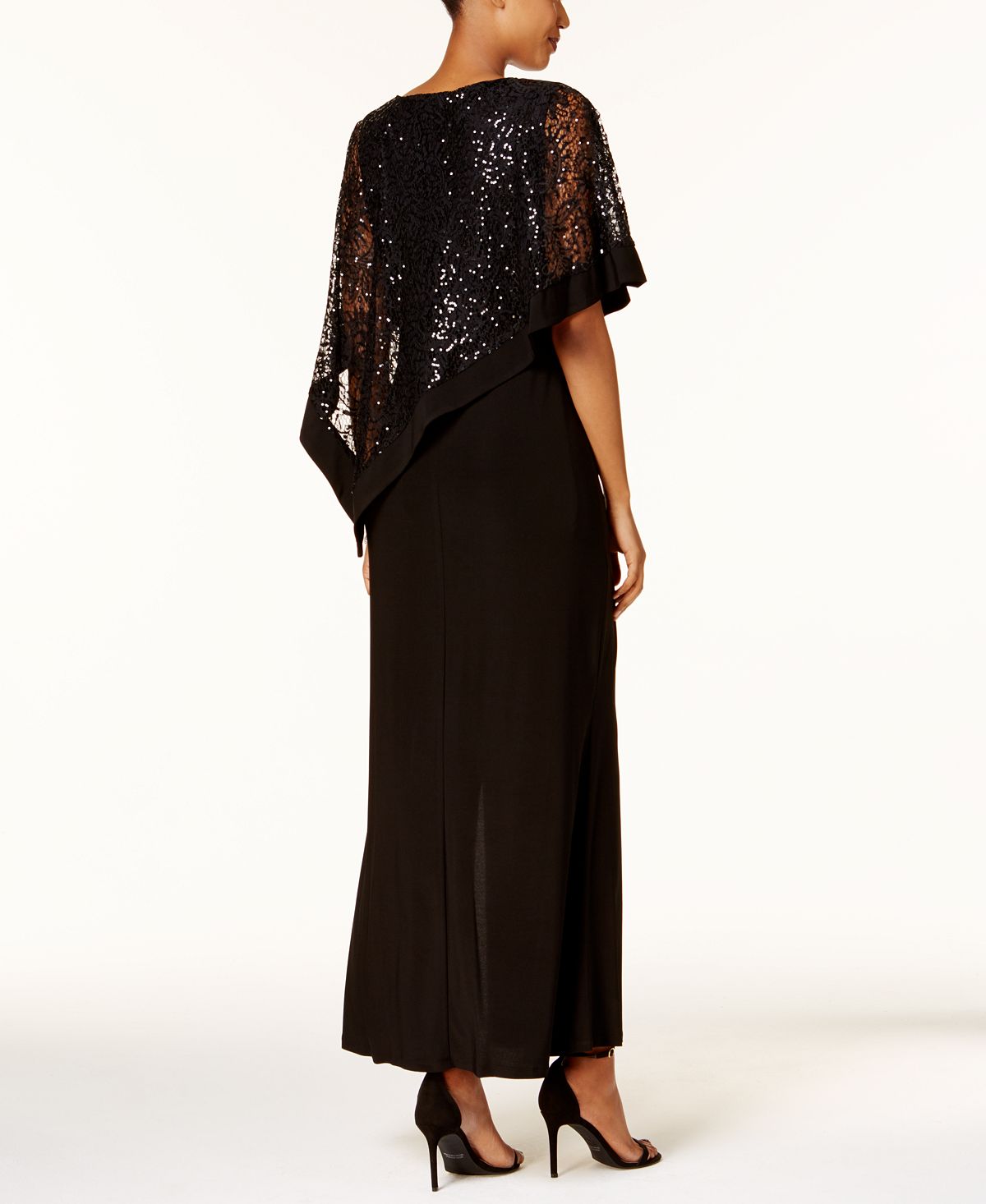 R&M Richards Sequined Lace Cape Dress, Black