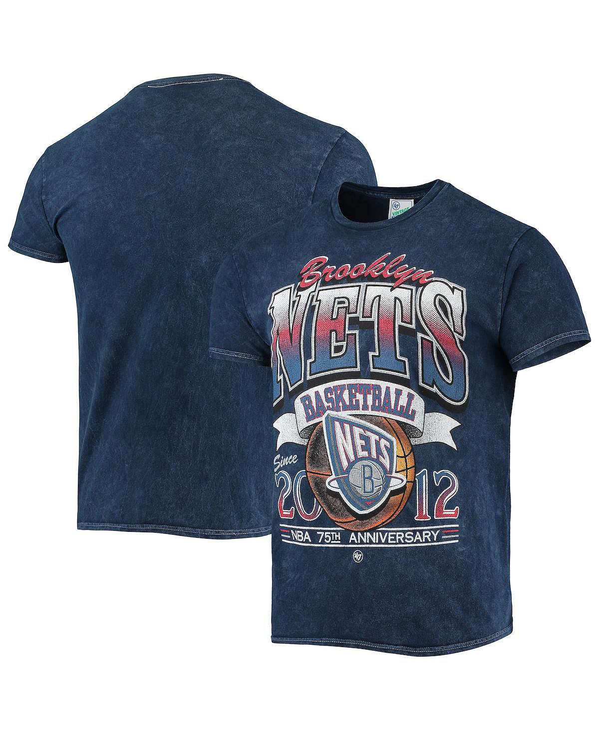 تي شيرت رجالي '47 Navy Brooklyn Nets 75th Anniversary City Edition Mineral Wash Tshirt بمظهر عتيق '47 Brand، أزرق